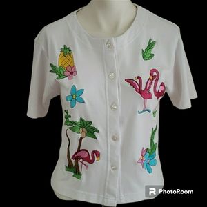 Needle & Threads VTG button short sleeve top white w. tropical design Sz PS